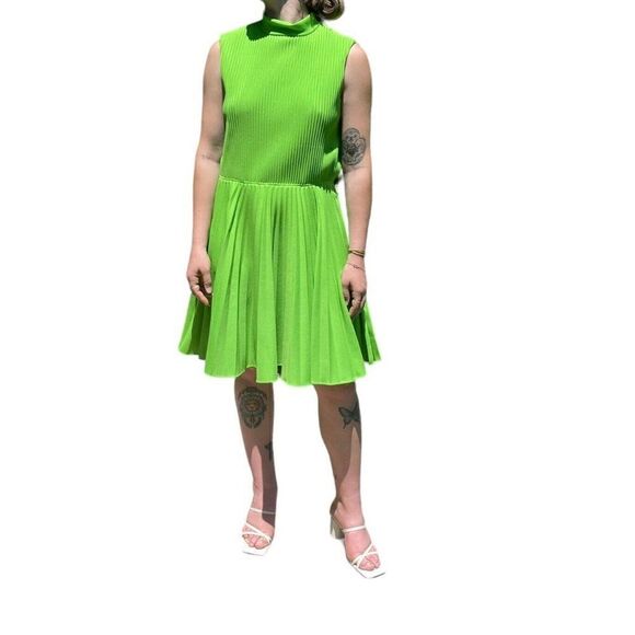 Vintage 1960s Womens Burt Stanley Lime Green Pleated Retro Mid Mod Mini Dress - Picture 4 of 13